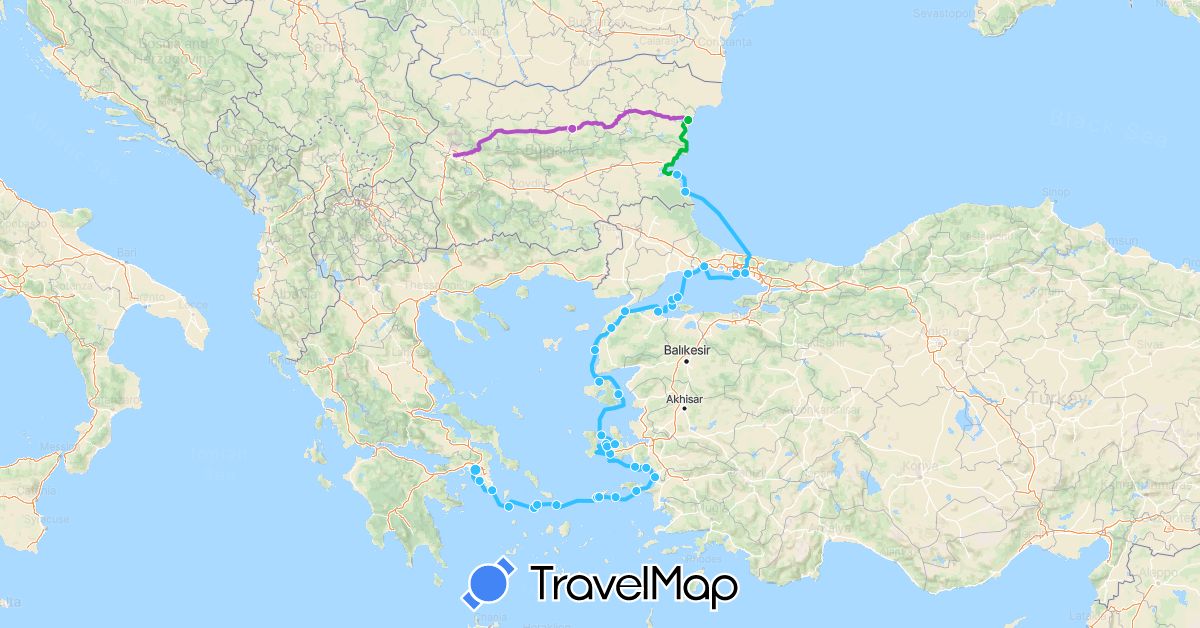 TravelMap itinerary: driving, bus, train, boat in Bulgaria, Greece, Turkey (Asia, Europe)